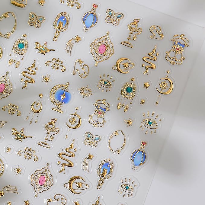 Shiny Metallic Nail Stickers,3D Glitter Gold Luxury Nail Art Design Star and Moon Stickers Metal Starlight Nail Decals Self Adhesive Nail Art Supplies DIY French Manicure Decoration for Women