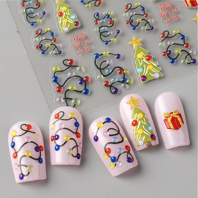 2 Sheets Christmas Nail Stickers for Nail Art Embossed New Year Light Strip Nail Art Stickers 5D Self-Adhesive Xmas Gift Nail Design Supplies Winter Christmas Tree Nail Decals for Women Holiday Decor