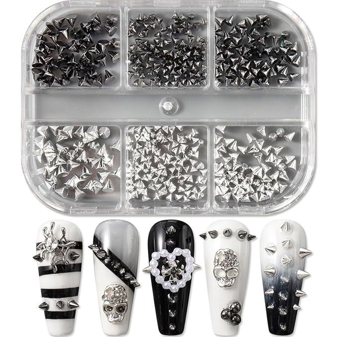 6 Grids Punk Bullet Rivet Nail Charm,3D Alloy Flat Bottomed Pointed Cone Mixed Black Silver Nail Art Rhinestones Studs DIY Crafts Nail Art Charm Spike Nails for Women DIY Nail Decoration Accessories