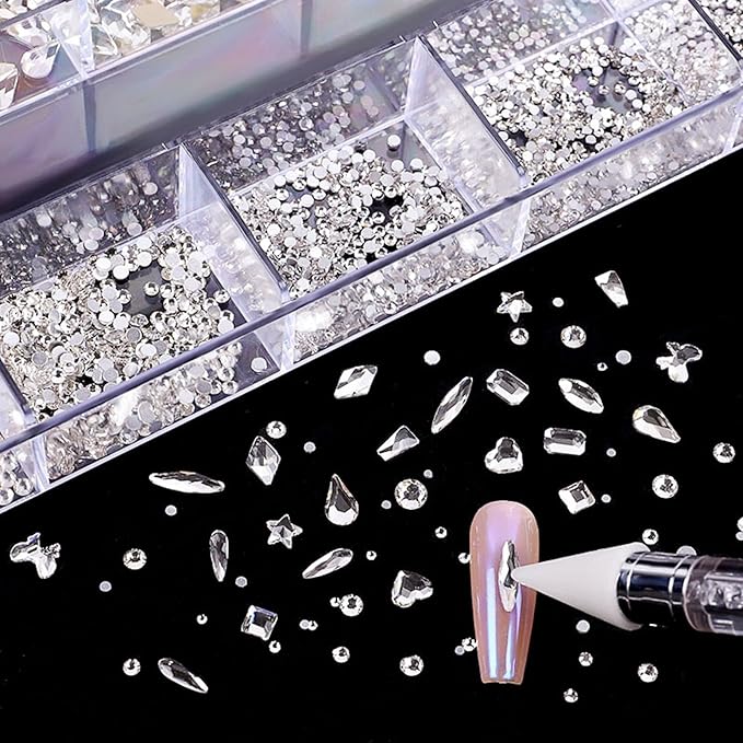 Nail Rhinestones Kit, Nail Art Decorations with Wax Pencil Flat AB Rhinestones Kit DIY Crafts Gemstones for Nail, Shoes, Clothes, Jewels (600 Gold diamonds + 2500 flat rhinestones)