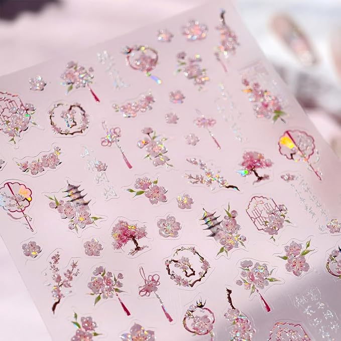 5D Embossed Flower Nail Art Stickers Self Adhesive Sakura Nails Decals Pink Flower Nail Stickers Spring Cherry Blossoms Nails Design Sticker Laser Peach Blossom Floral Manicure Supplies for Women 1Pcs