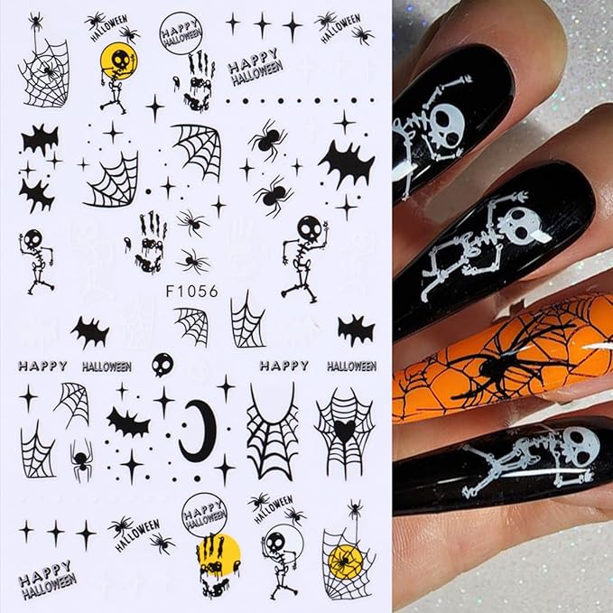 5 Sheets Halloween Nails Stickers French Tip Spider Web Nails Art Stickers 3D Self-Adhesive Supplies Nail Decal with Luminous Ghost Skeleton Design Nail Sticker for Nail Art Women's DIY Decoration