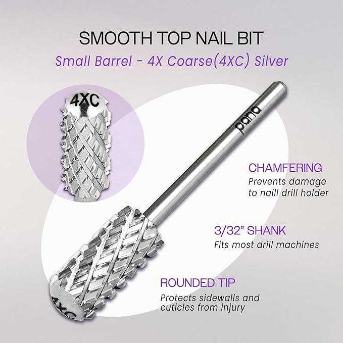 PANA 3/32" Small Barrel Smooth Top Silver Carbide Nail Drill Bit for Manicure, Pedicure and Acrylics (Grit: 4X Extra Coarse - 4XC, 1pc)