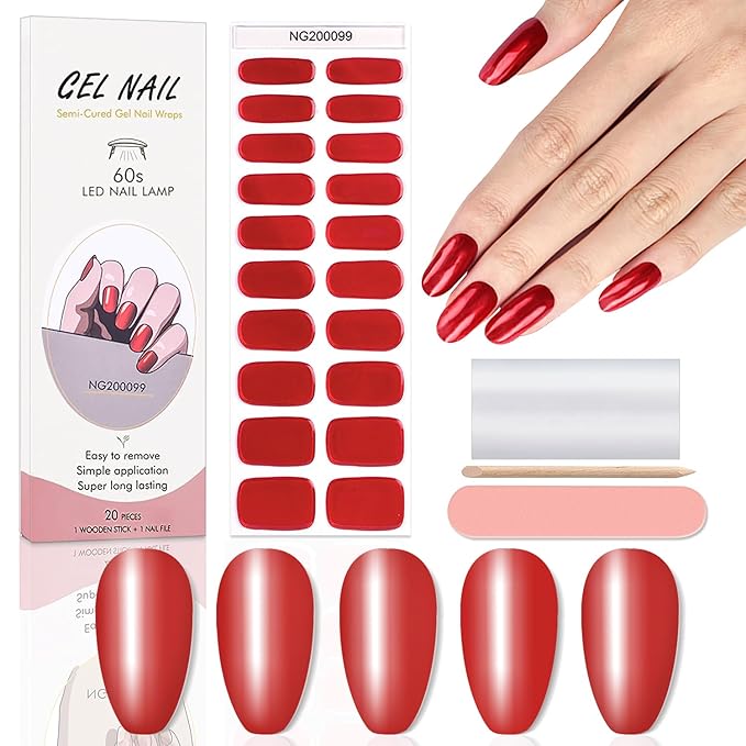 WOKOTO 20Pcs Chrome Red Gel Nail Strips with Nail File & Wooden Stick Holographic Red Semi Cured Nail Polish Strips UV Gel Nail Stickers Full Nail Wraps Stick On Nails Strips Decals for Women Girls