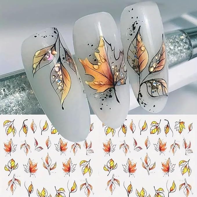 Fall Nail Art Stickers Decals 6Pcs Maple Leaves Nail Art Decals 3D Self-Adhesive Yellow Fallen Leaves Nails Stickers Cute Thanksgiving Day Manicure Sliders for Women Acrylic Nails Art Decorations