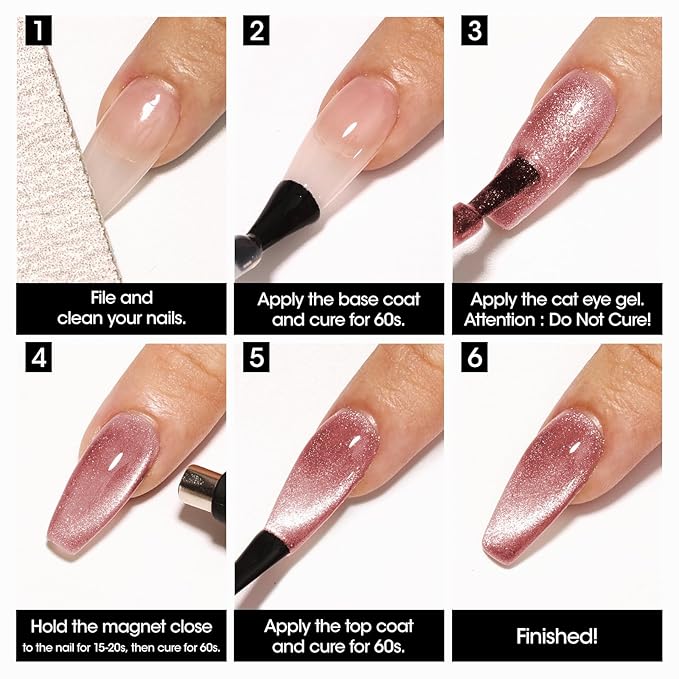 Gellen Cat Eye Gel Polish Set - 6 Holographic Glitter Colors with Magnet Sparkle - Purple, Pink, Red - Nail Art Home Salon Gel Manicure Kit for Women & Girls