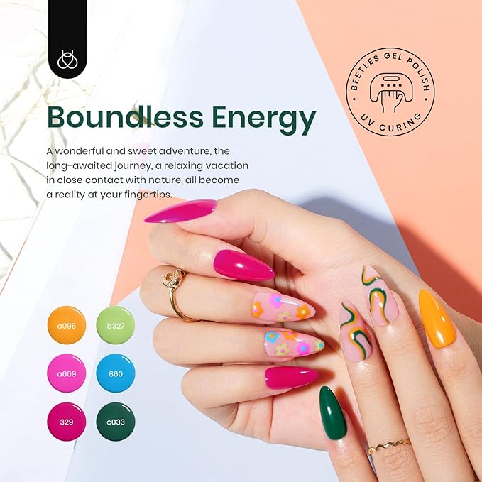 beetles Gel Polish Set - Halloween Gel Nail Polish, 6 Color Hot Pink Green Blue Orange Rainbow Boundless Energy Collection Holiday Nail Art Design Soak Off Uv LED Manicure DIY Home