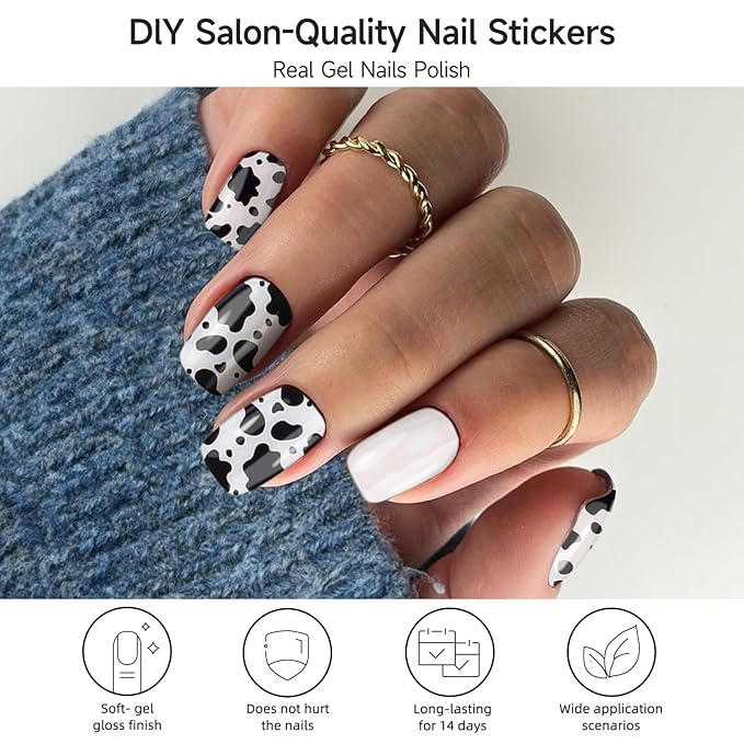 Semi Cured Gel Nail Strips, Black White | 28 pcs Gel Nail Strips Work with Any UV Lamp, Salon Quality UV Nails Stickers, Easy to Apply for Home Nails DIY