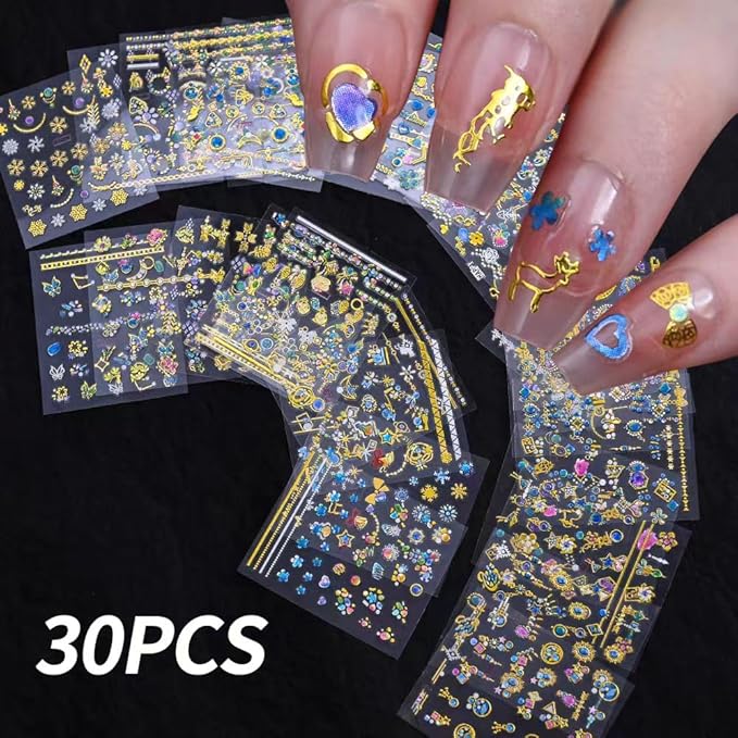 30 Sheets Gem Star Nail Stickers 3D Self Adhesive Luxury Blue Gems Theme Nail Art Charms Sticker Decals for Crafts Supplies Accessories (ST-BG)
