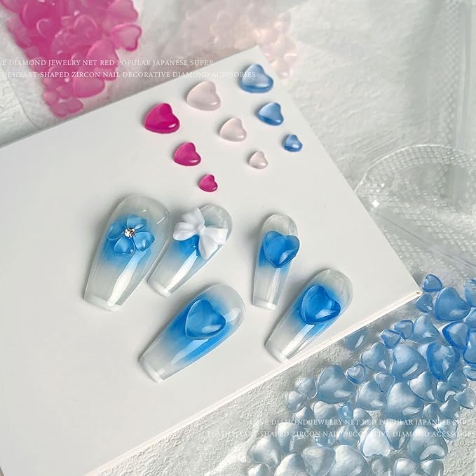 300Pcs Valentine's Day Nail Art Charms 3D Heart Change Color in Sunlight Nail Charms Orange Pink Blue Flat Back Mixed Size 4/6/8mm Nail Rhinestone Diamonds Gems Crystal Jewelry Acrylic Nail Supplies