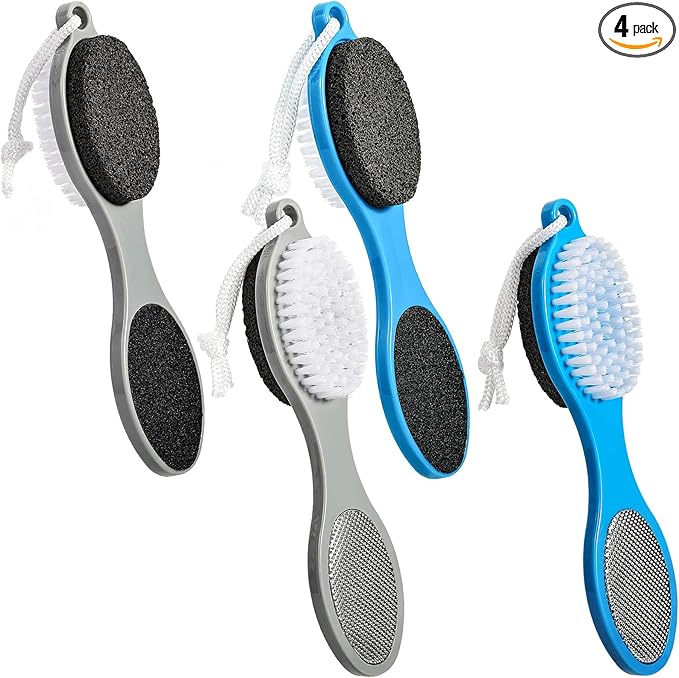 Pumice Stone Brush for Feet 4 in 1, Foot File Callus Remover, Foot Rasp and Sand Paper Pedicure Tools with Handle, Shower Foot Scrubber, Soft Smooth Feet for Home Foot Care,4 Pack