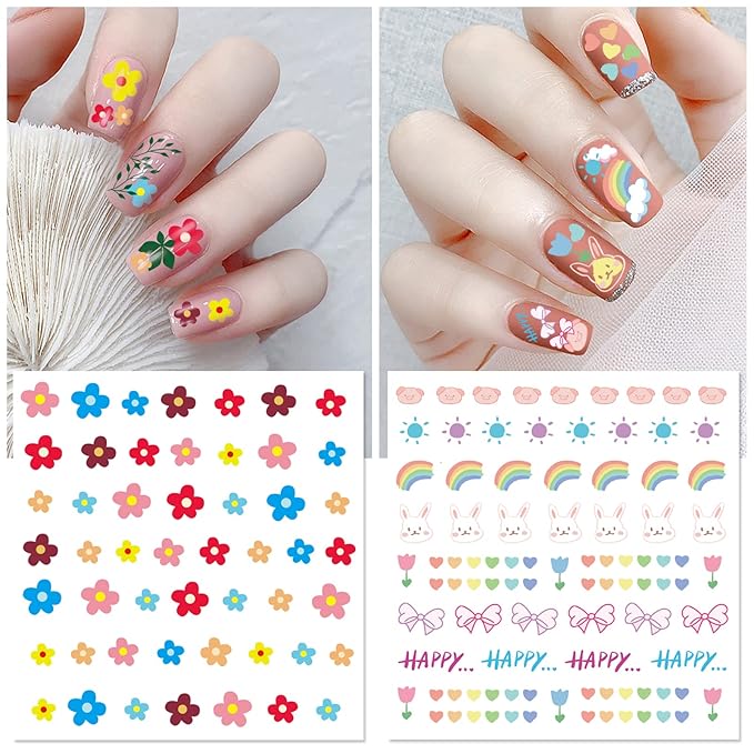 24 Sheets Nail Stickers for Girls Women and Kids, Nail Art Stickers Bunny Penguin Duck Flower Heart Star Rainbow Cloud Snow Lucky Clover Maple Watermelon Fruit for Nail Art Decoration with Tweezers