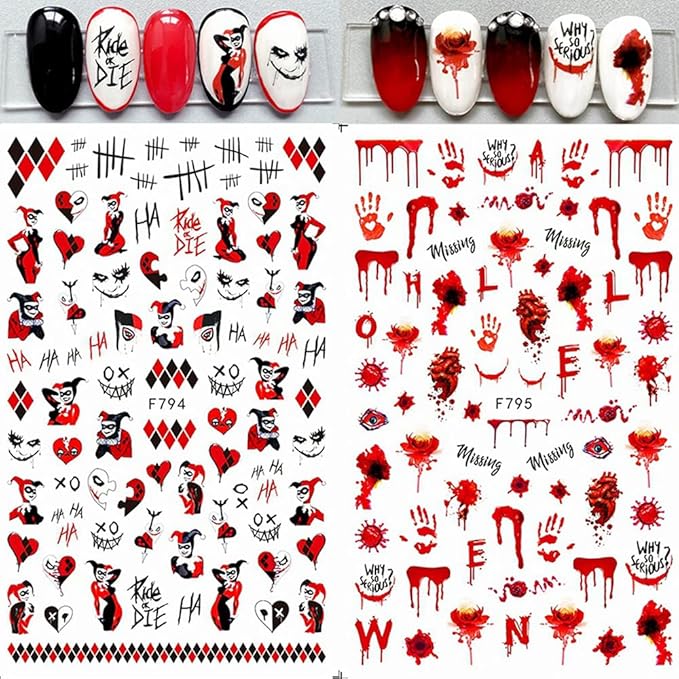 TOFD Blood Nail Art Stickers Halloween Sticker Decals, Self Adhesive 3D Supplies Scar Clown Snake Eye Heart Designs for Women Girls Acrylic Nails, 4 Count (Pack of 1)