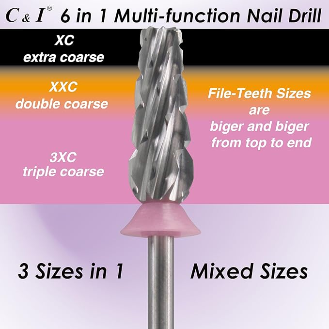 C & I Nail Drill Bit 6 in 1 Multi-function Rounded End E File, Tungsten Steel CNC Overall Cutting, Manicure Tool for Nail Tech Quick Remove Nail Gels, Acrylic Nails (Original, Triple Coarse -3XC)