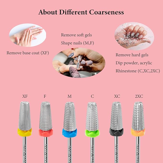 5 in 1 Nail Drill Bits, 3/32”Professional Carbide Drill Bits for Nails Multifunction Bit, Fast Remove Acrylic Hard Gel Cuticle Nail Efile Bit Manicure Pedicure,Two Way Rotate,2XC