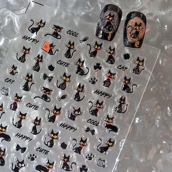 Halloween Nail Stickers for Nail Art Cool Cat Nail Art Stickers Black Fish Bow 5D Embossed Nail Decals Self-Adhesive Nails Supply Manicure Holiday for Nails Decoration