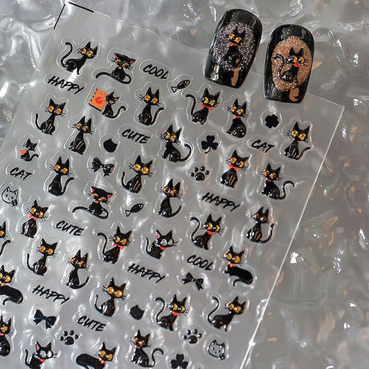 Halloween Nail Stickers for Nail Art Cool Cat Nail Art Stickers Black Fish Bow 5D Embossed Nail Decals Self-Adhesive Nails Supply Manicure Holiday for Nails Decoration