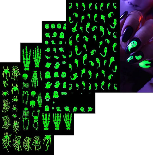 Halloween Nail Stickers for Nail Art Noctilucent Cute Ghost Skeleton Spider Web 3D Self-Adhesive Nail Decals Nail Art Supplies Nails Design Manicure Stickers for Nails DIY Decoration 4 Sheets