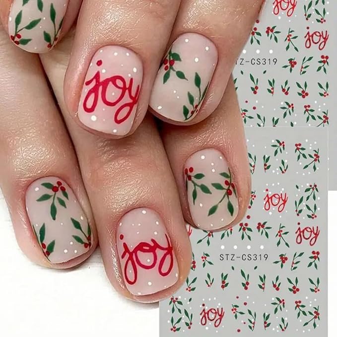 Christmas Nail Art Stickers Decals Red Green Holly Leaf Winter Nail Decals 6PCS Holly Leaves Joy Design 3D Self-Adhesive Xmas Nail Decals Nail Art Supplies for Holiday New Year Manicure Decorations