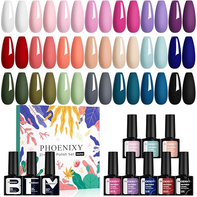 phoenixy 24 Gel Nail Polish Set, Gel Nail Polish Kit with Base Gloss Matte Top Coat Black Red Nail Polish Set Starter Kit Manicure Gift for Women-PCB9027