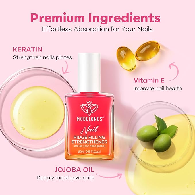 modelones Nail Strengthener Jelly Pink Nail Polish Repair 8-in-One Nail Ridge Filler Nail Strengthener and Growth for Damaged Nails 15ml