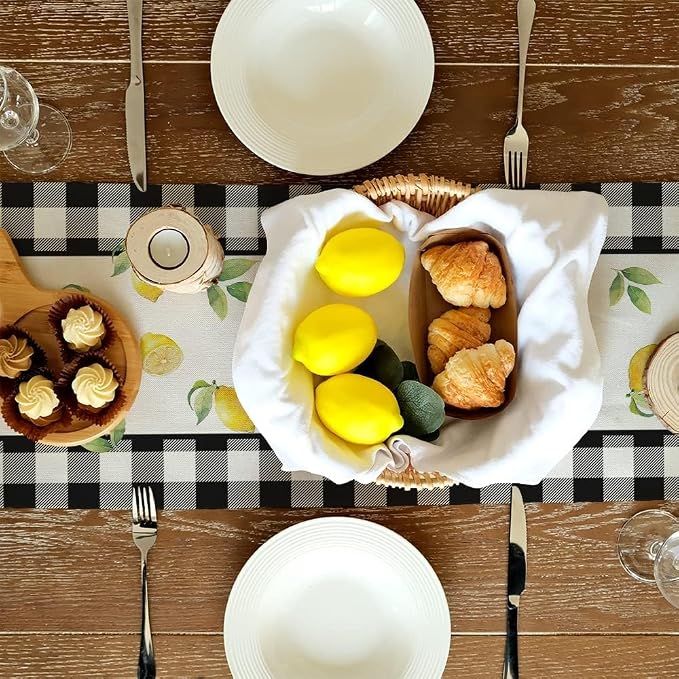 Black Buffalo Check Summer Table Runner 72 Inch, Lemon Vase Spring Farmhouse - Image 3