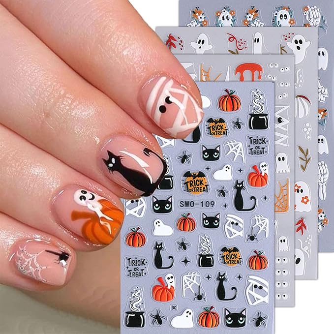 4 Sheets Halloween Nail Art Stickers 5D Embossed Cute Ghost Nail Stickers Black Cat Pumpkin Design Flower Finger Skeleton Nail Decals Nail Art Supplies for Women Acrylic DIY Nail Decorations