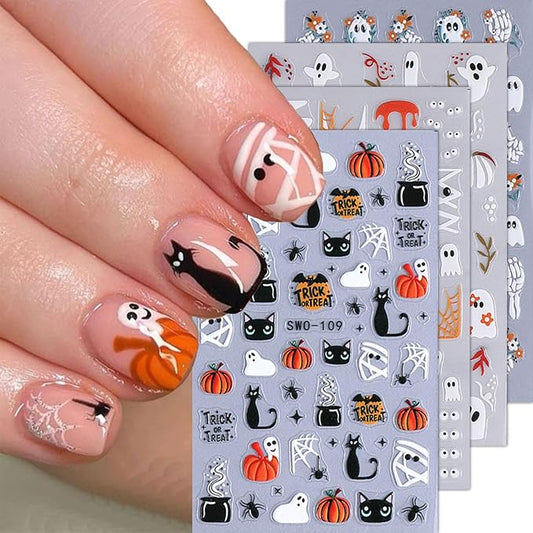 4 Sheets Halloween Nail Art Stickers 5D Embossed Cute Ghost Nail Stickers Black Cat Pumpkin Design Flower Finger Skeleton Nail Decals Nail Art Supplies for Women Acrylic DIY Nail Decorations