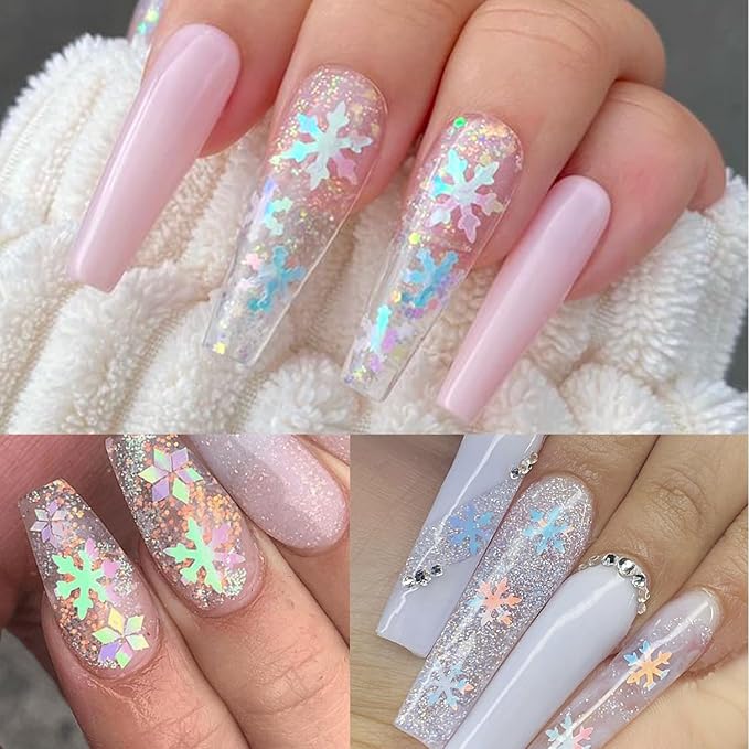 12 Grids Christmas Nail Art Glitter Sequins 3D Holographic Winter Snowflake Nail Art Glitter Flakes Red Gold Silver White Snowflake Designs Xmas Nail Decorations for Acrylic Nails Supplies