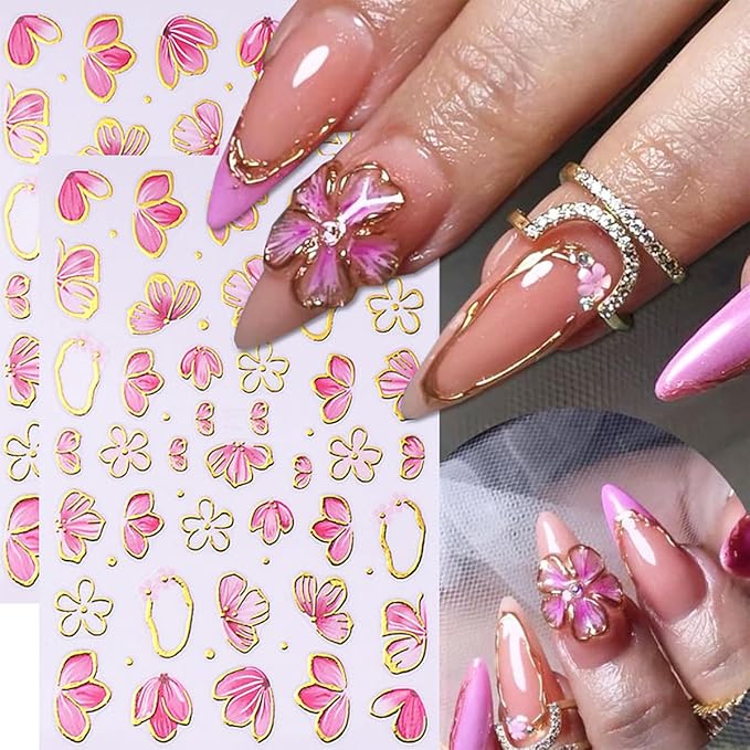 6 Sheets Pink Flower Nail Stickers for Nail Art Cherry Blossom Petals Nail Art Stickers Golden Edge with Pink Floral Blossom Design Spring Summer Nail Decals Nail Supplies for Women Acrylic Manicure