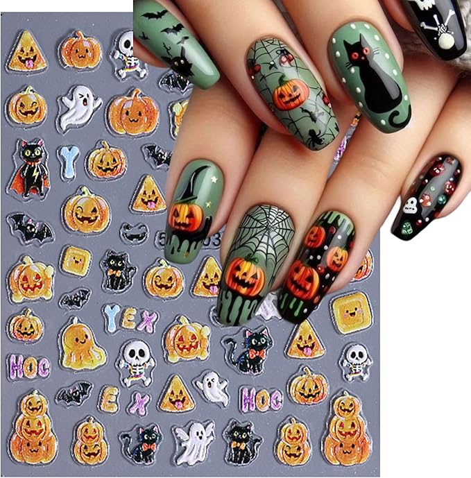 3 Sheets Halloween Nail Art Stickers Ghost Spider and Pumpkin Nail Stickers Cute Nail Decals for Nails Art 3D Self-Adhesive Nail Art Supplies for Women Girls