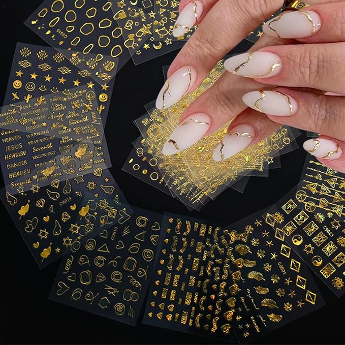 30 Sheets Gold Nail Art Stickers 3D Self-Adhesive Gold Line Nail Stickers Star Moon Heart Nail Design Sticker Lrregular Lines Nail Decals Acrylic Nail Art Supplies for Women