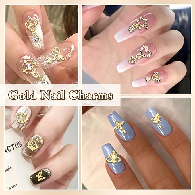 100 Pcs Gold Nail Charms and Gems, Gold Dangle Star Bows Nail Gems Charms, Metal Crown Heart Butterfly Charms for Acrylic Nail Art Alloy Cross Nail Charms for Women DIY Accessories