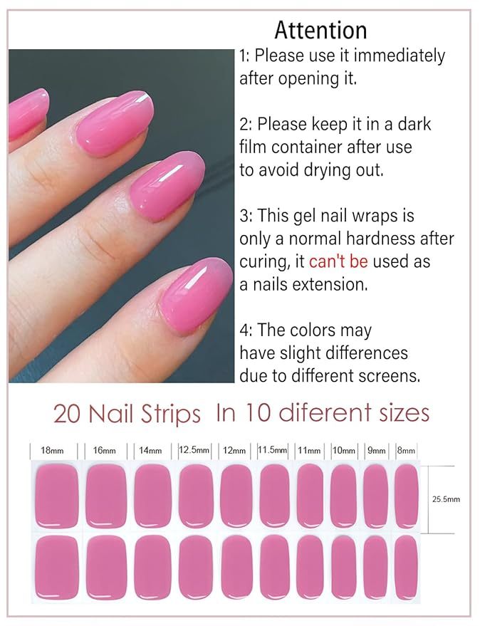 Semi Cured Gel Nail Strips | 20pcs Jelly Hot Pink Gel Nail Stickers UV | Semi Cured Gel Nail Wraps for Home Nails DIY, Pinkish Purple