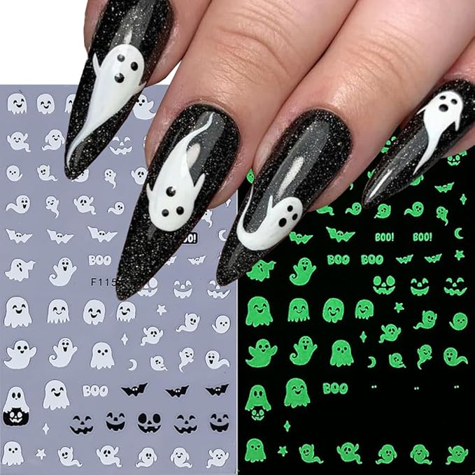 Halloween Nail Art Stickers Decals 3D Cute Luminous Ghost Nail Stickers 6PCS Glow in The Dark Bat Boo Ghost Design Halloween Nails Adhesive Sticker Manicure Nail Art Supplies for Nail Decorations