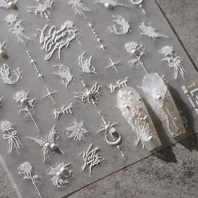 5D Embossed White Butterfly Flower Nail Stickers for Nail Art White Moon Star Nail Art Stickers White Nail Decals with Pearl Design Spring Summer Nail Supplies for Women Girls