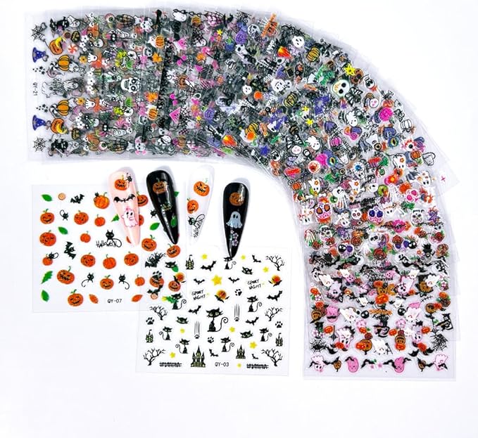 ONPRESS 30Sheet Halloween Nail Stickers Pumpkin Ghost Face Nail Art Stickers 3D Self-Adhesive Spider Web Cat Bat Nail Decals Skull Witch bow Nail Accessories for Women Girls Acrylic Manicure Supplies