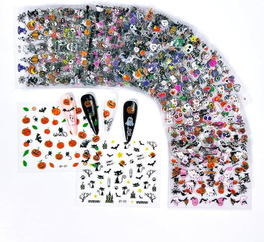 ONPRESS 30Sheet Halloween Nail Stickers Pumpkin Ghost Face Nail Art Stickers 3D Self-Adhesive Spider Web Cat Bat Nail Decals Skull Witch bow Nail Accessories for Women Girls Acrylic Manicure Supplies
