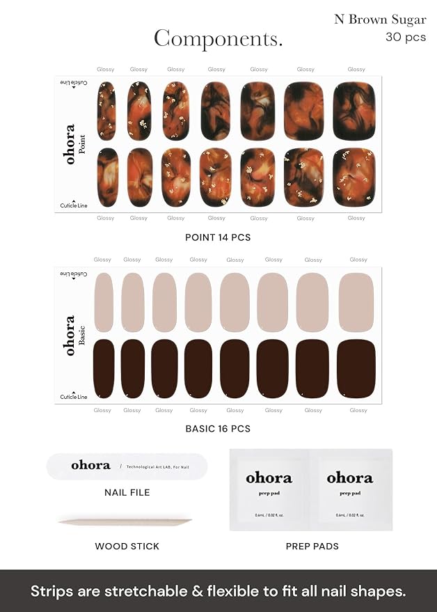 ohora Semi Cured Gel Nail Strips (N Brown Sugar) - Brown, Marble, Works with Any UV/LED Lamps, Salon-Quality, Long Lasting, Easy to Apply & Remove - Includes 2 Prep Pads, Nail File & Wooden Stick