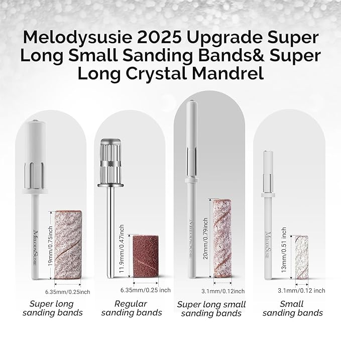 MelodySusie 50 Pcs Nail Drill Bits Super Long Small Sanding Bands with 3.1mm Crystal Mandrel Bit, 120 Medium Grit Nail File for Acrylic Nails Gel Manicures and Pedicure, Zebra
