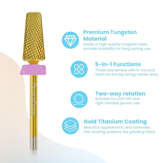 Nail Drill Bits 5 in 1 Tapered Barrel, 3/32'' Safety Tungsten Carbide Bits, Two-way Rotation, Suitable for Manicure Pedicure Cuticle Gel Polishing, Technicians Bits, Grit: Double Fine.