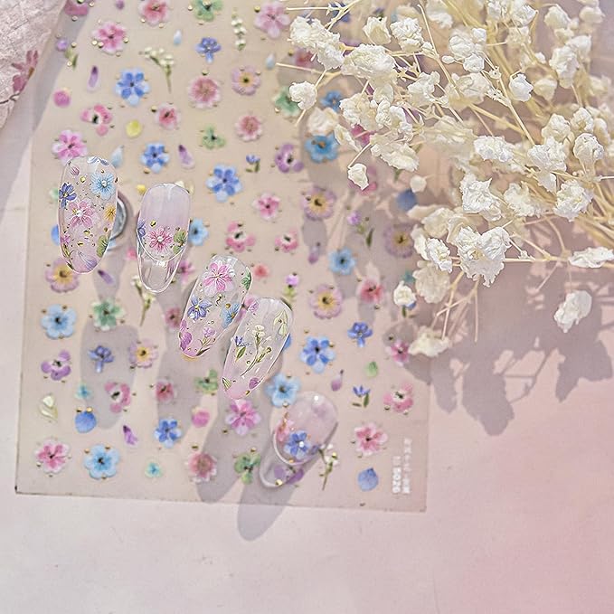 Dried Flower Nail Art Stickers Colorful Flowers Nail Decals for Acrylic Nails 3D Self Adhesive Glitter Designs Nail Sticker Cute Floral Nail Decal Spring Summer Manicure Supplies for Women DIY Decor