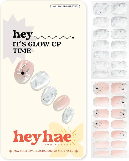 Heyhae Semi Cured Gel Nail Strips | No LED Lamp Needed | Glitter, Pink, Spring | Easy Apply & Remove, Salon Quality | Includes 28 Strips, 1 Prep Pads, Nail File & Wooden stick - Hey, It's Glow Up Time