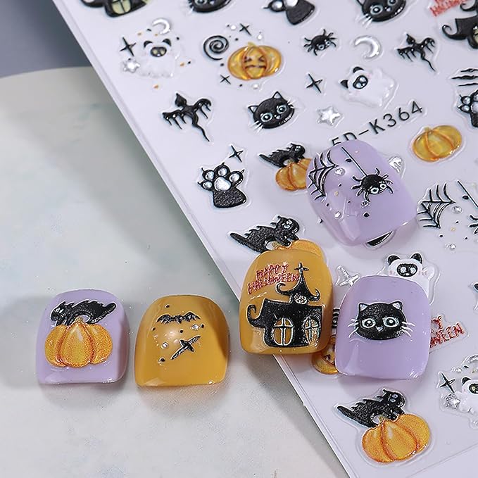 2 Sheets Halloween Nail Stickers for Nail Art 5D Spider Web Nail Art Stickers Embossed Ghost Pumpkin Nail Decals Self-Adhesive Horror Black Cat Nail Design Decals for Women Party Nails Supplies