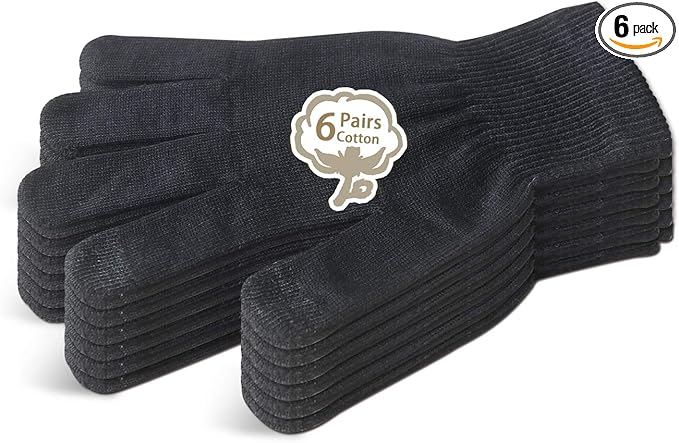 Evridwear Men Moisturizing Cotton Gloves with Touchscreen Fingertips for Eczema Beauty Cosmetic Dry Hands Sensitive Irritated Skin Therapy Overnight Bedtime, 6 Pairs, Lightweight-Black, S/M