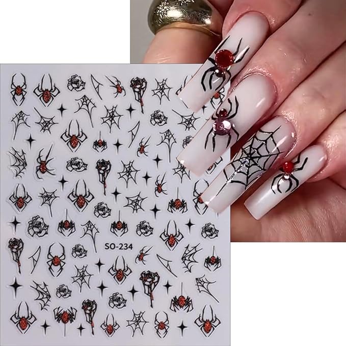 4 Sheets Halloween Nail Art Stickers Decals 3D Self-Adhesive Ghost Skull Cherry Nail Decals Holographic Glitter Design Bat Water Drop Spider Web Nail Stickers Holiday Nail Decorations for Women