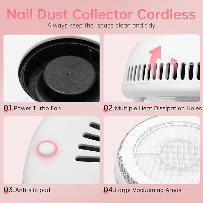 Nail Dust Collector, Cordless Dust Collector Nail Tech, Powerful Vacuum Fan Vent Dust Collector Extractor Dust Suction Machine for Acrylic Nails Polishing, Nail Salon&Home, white