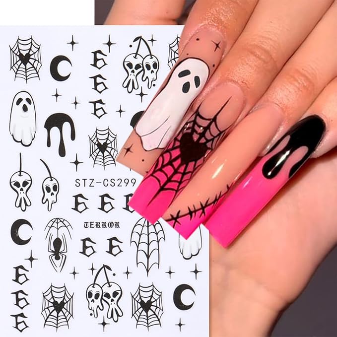6Sheets Halloween Ghost Nail Stickers for Nail Art Set - 3D Skull Spider Heart Pumpkin Flame Star Cartoon Cute Designs Nail Decals Foil Transfer Sliders Holiday Party Halloween Manicure Decorations