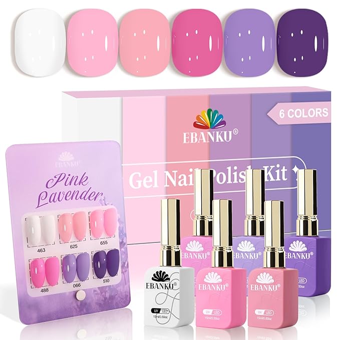 EBANKU 6 Pcs Pink Gel Nail Polish Set, 15ML Same Color Same Bottle White Purple Soak Off Gel Nail Polish Kit Nail Art Manicure Gifts for Women