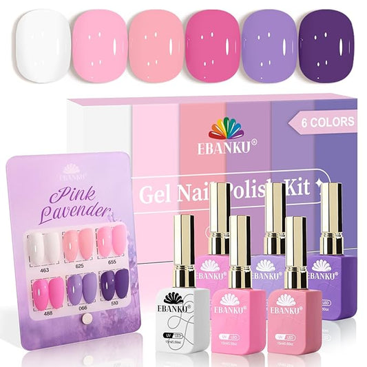 EBANKU 6 Pcs Pink Gel Nail Polish Set, 15ML Same Color Same Bottle White Purple Soak Off Gel Nail Polish Kit Nail Art Manicure Gifts for Women